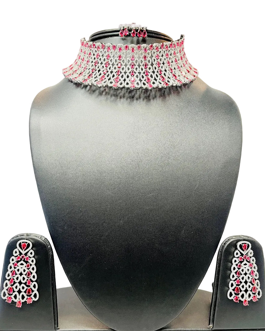 Pink American Diamond Necklace Set