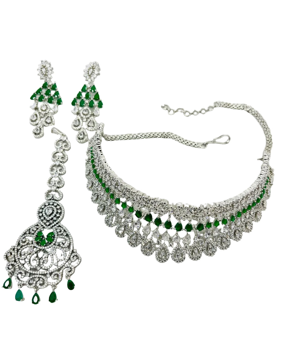 Green American Diamond Necklace Set