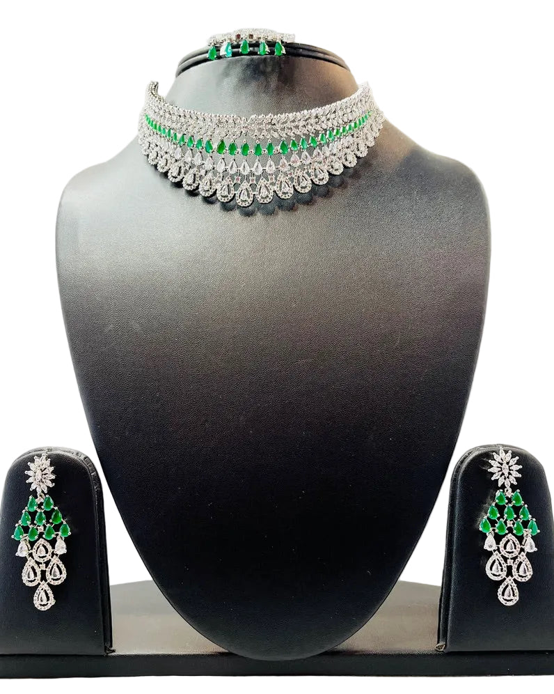 Green American Diamond Necklace Set