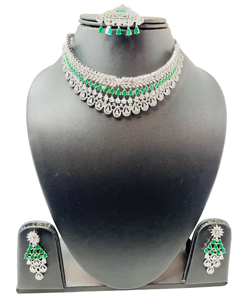 Green American Diamond Necklace Set