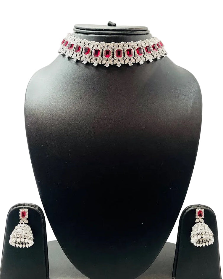 American Diamond Ruby Red Choker Set