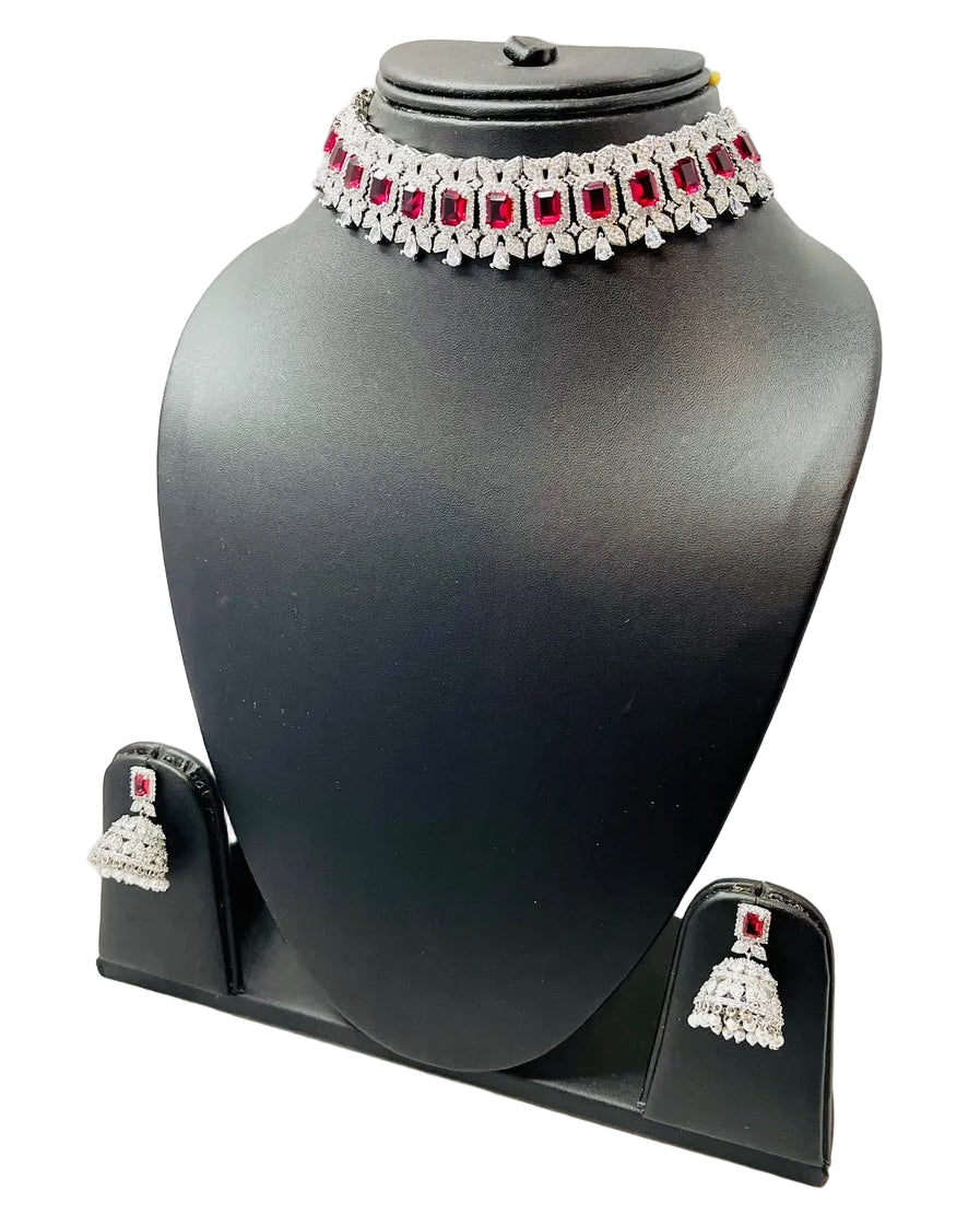 American Diamond Ruby Red Choker Set