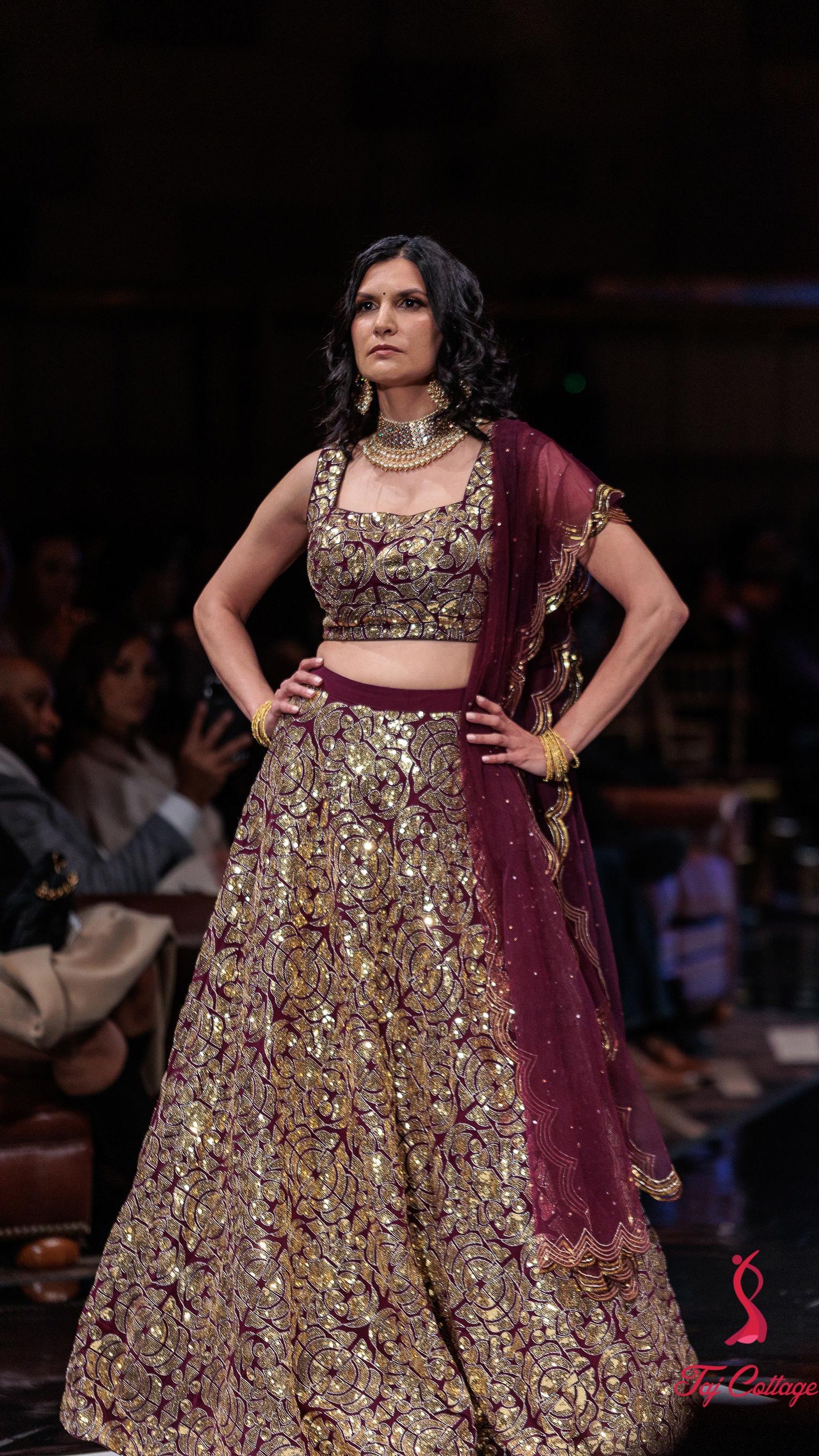 Wine Color Gold Sequins Lehnga