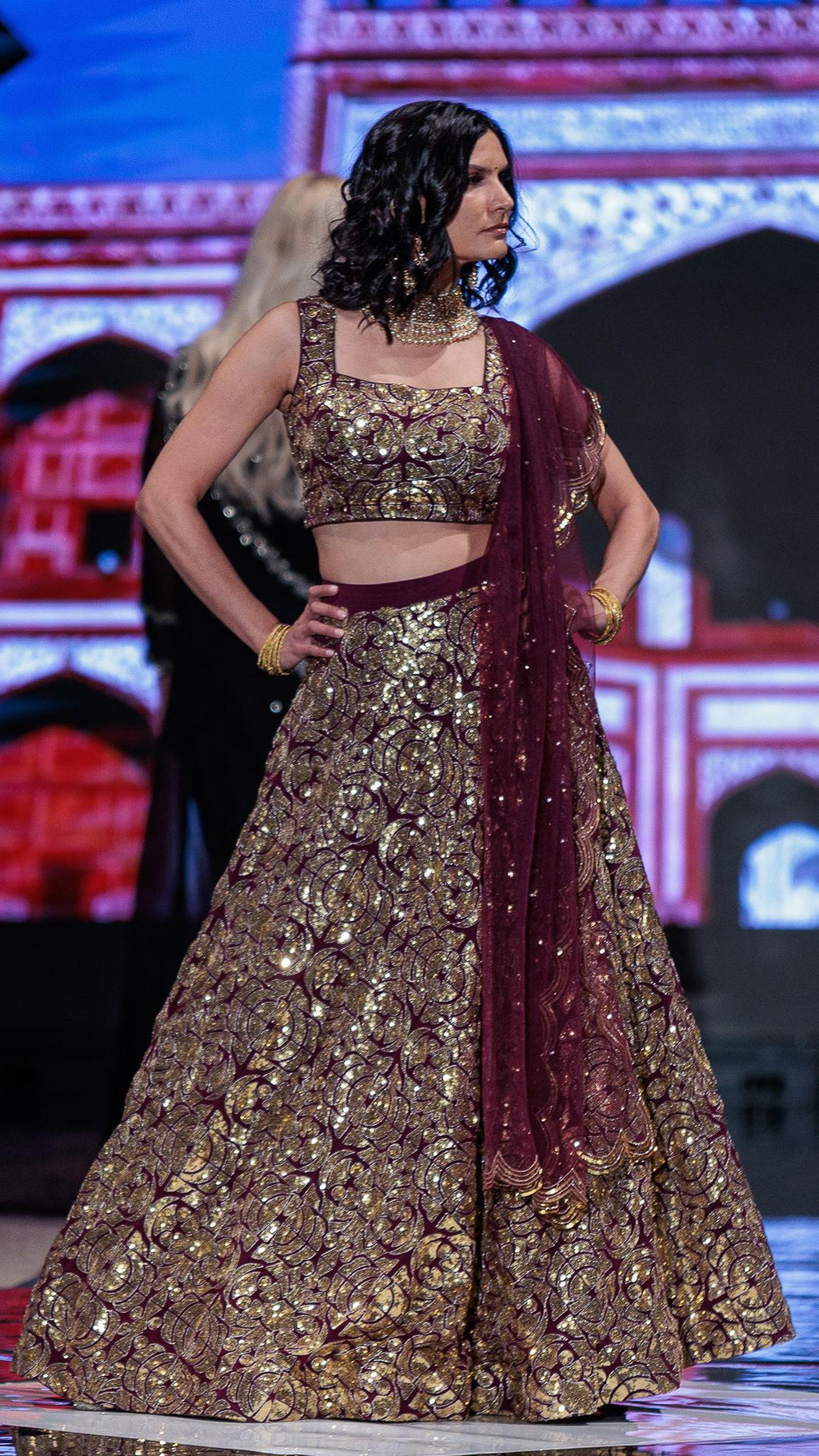 Wine Color Gold Sequins Lehnga