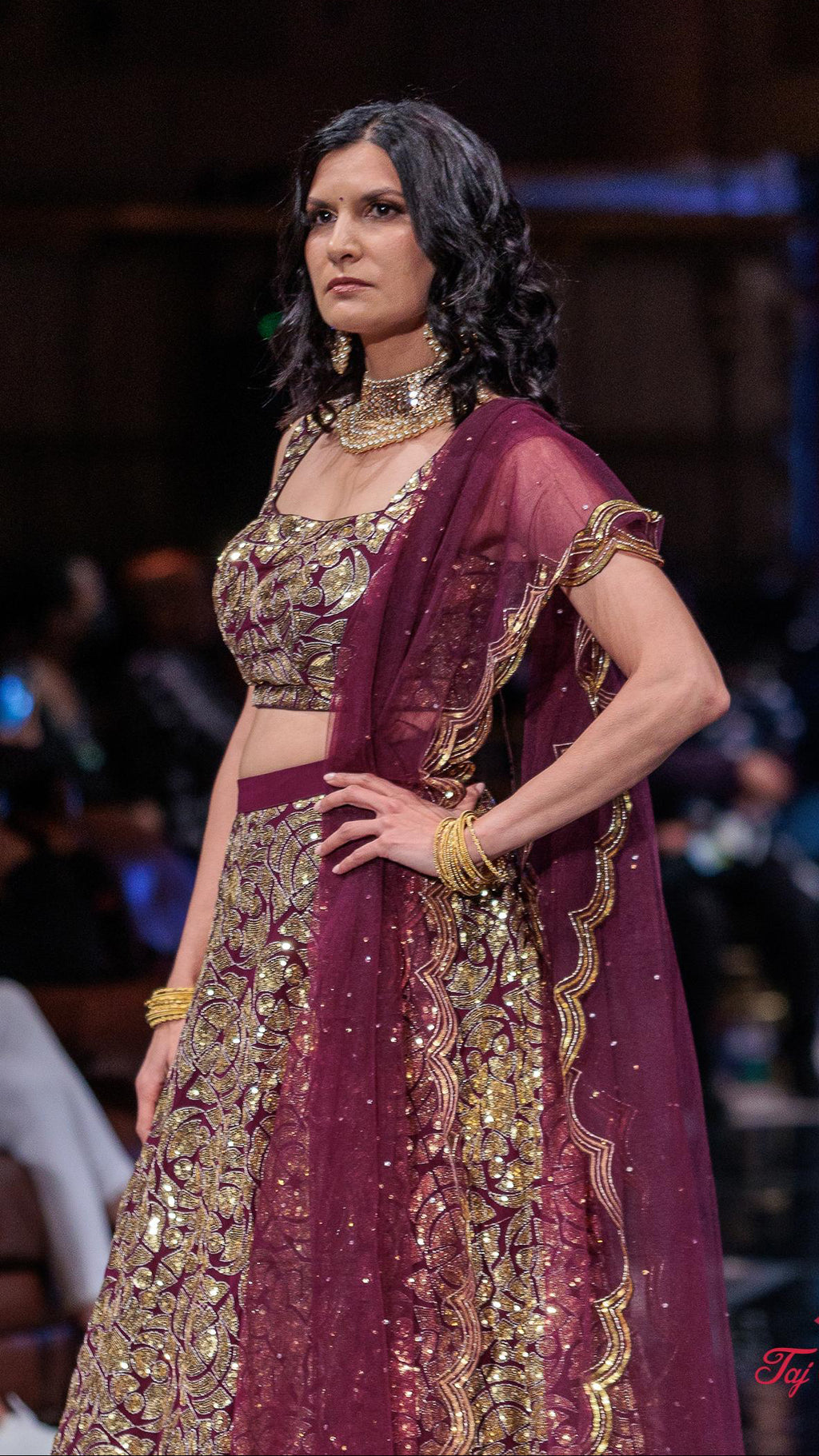 Wine Color Gold Sequins Lehnga