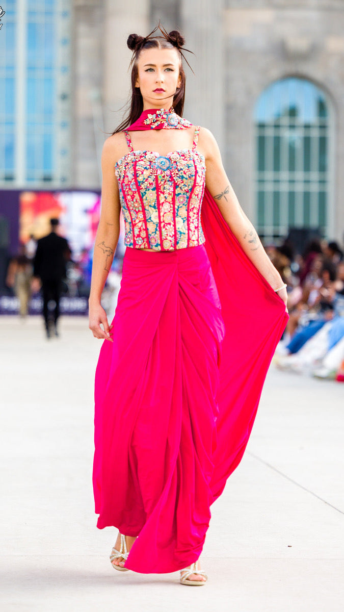 Dark Pink Corset Ready-made Saree