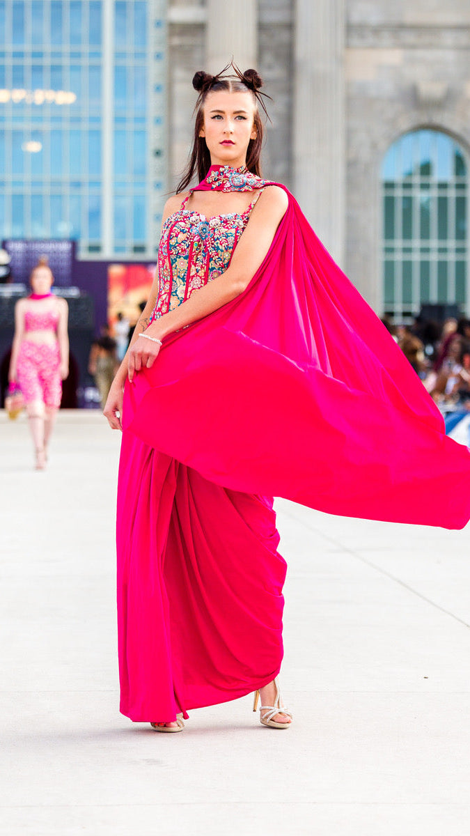 Dark Pink Corset Ready-made Saree