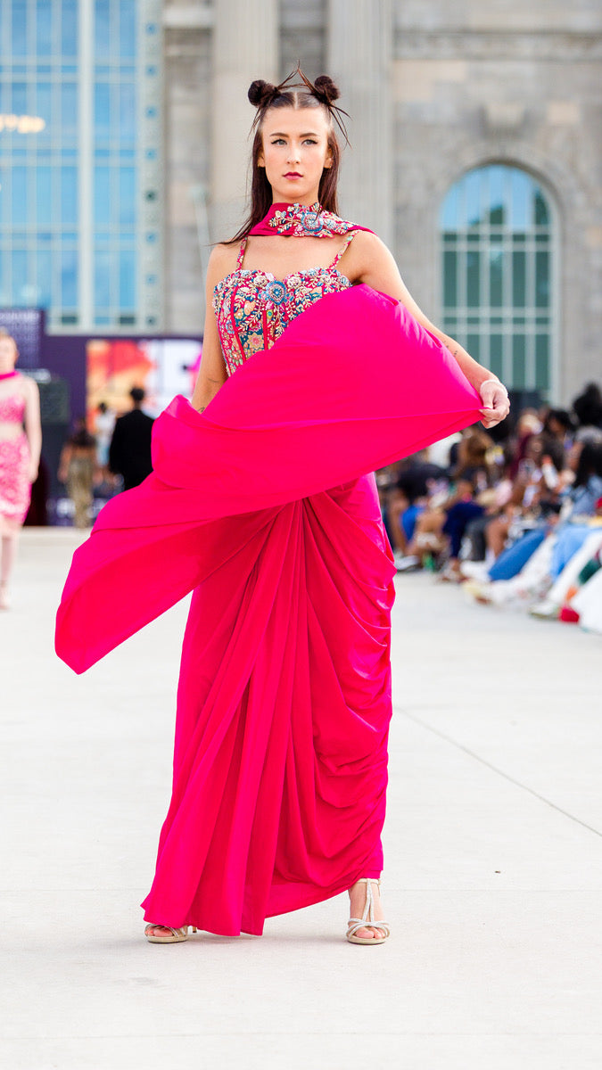 Dark Pink Corset Ready-made Saree