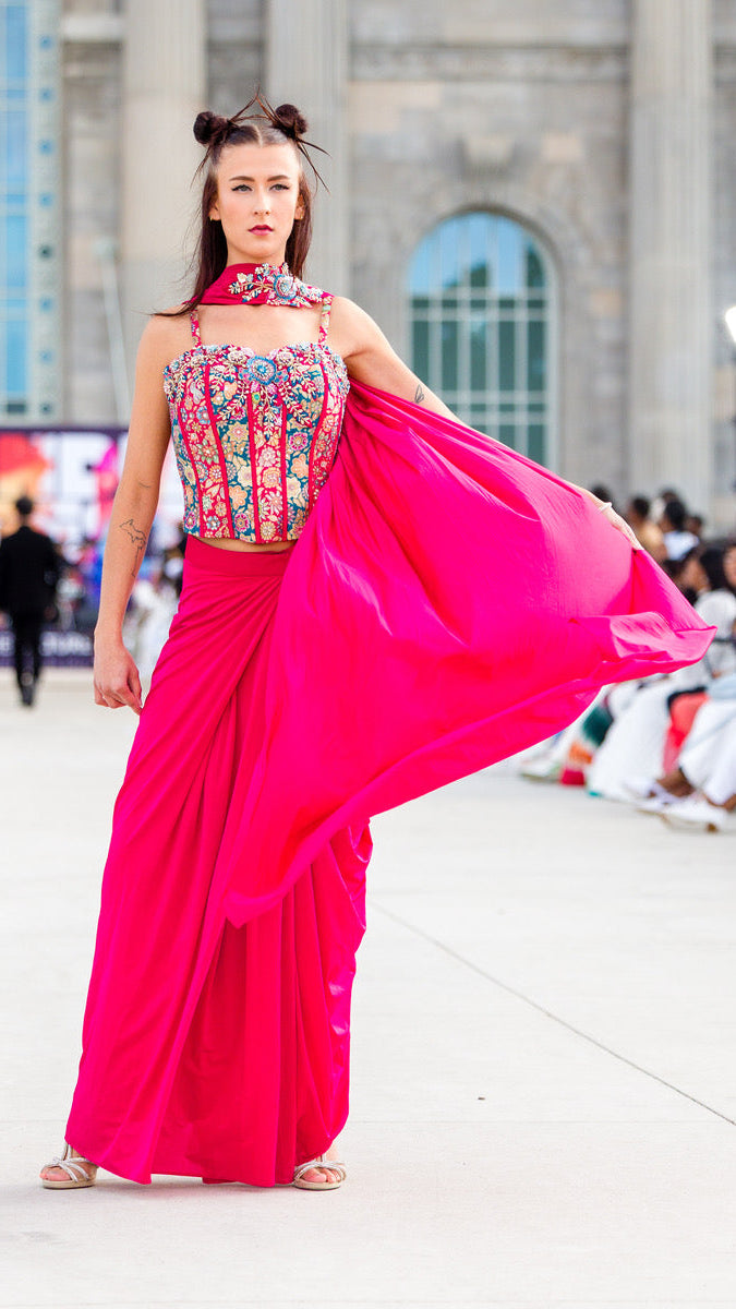 Dark Pink Corset Ready-made Saree