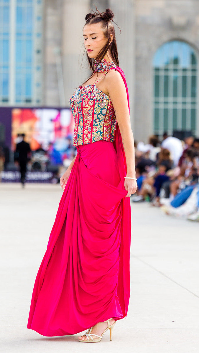 Dark Pink Corset Ready-made Saree