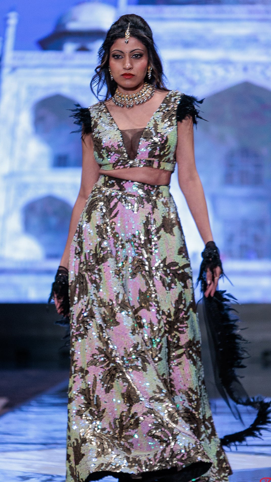 Sequin  Lehnga with Black Feathers