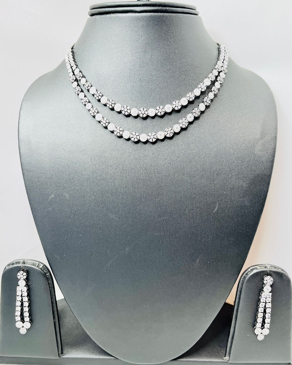 Double-Layered American Diamond Silver Necklace Set