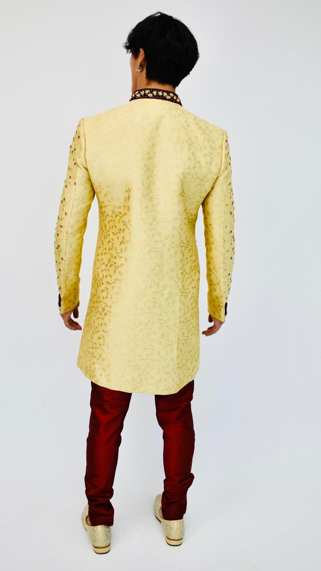 Gold & Maroon Beaded Sherwani Set