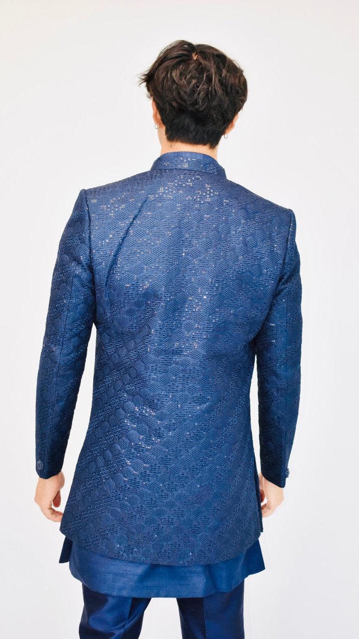 Blue Silk Blend Sherwani Set