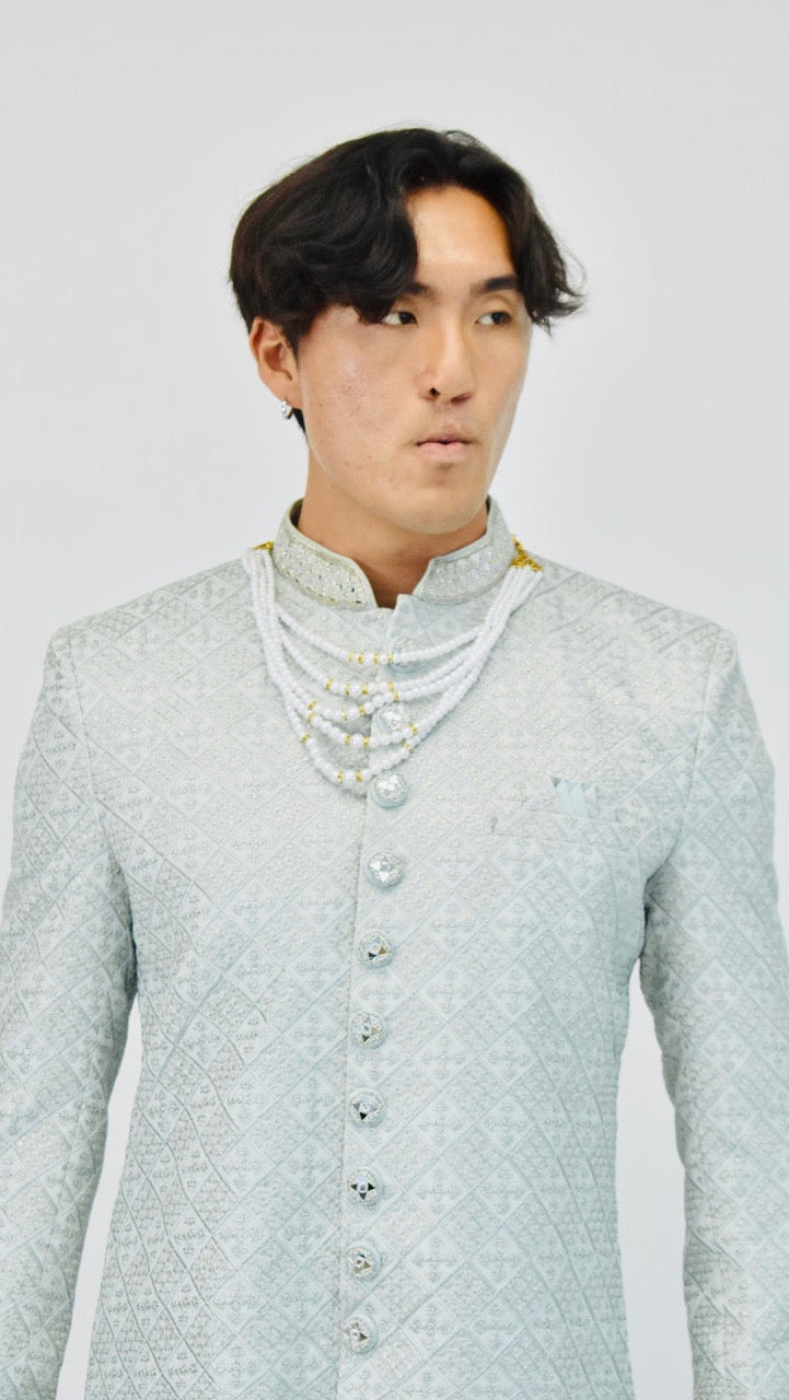 Light Grey Sherwani Set with Pearls