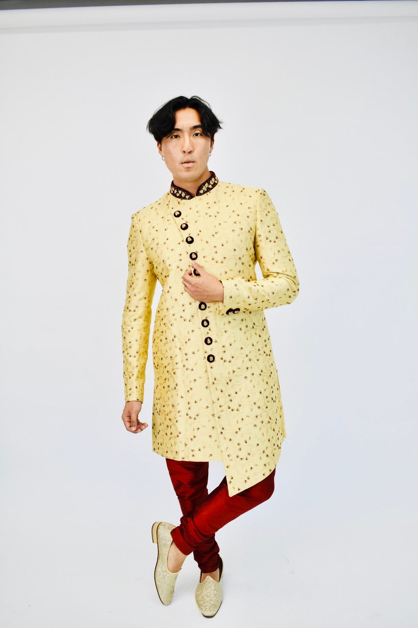 Gold & Maroon Beaded Sherwani Set