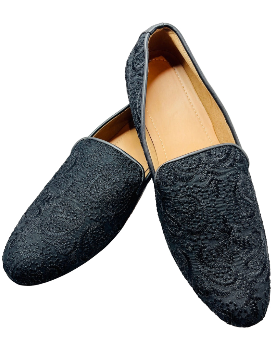 Fancy Black Silk Embroidered Shoes