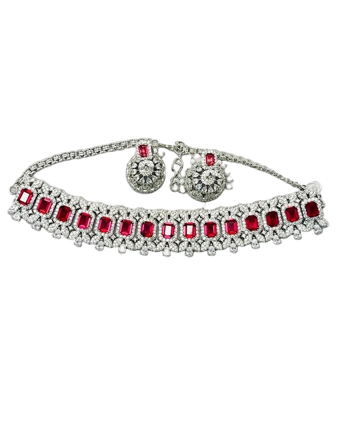 American Diamond Ruby Red Choker Set