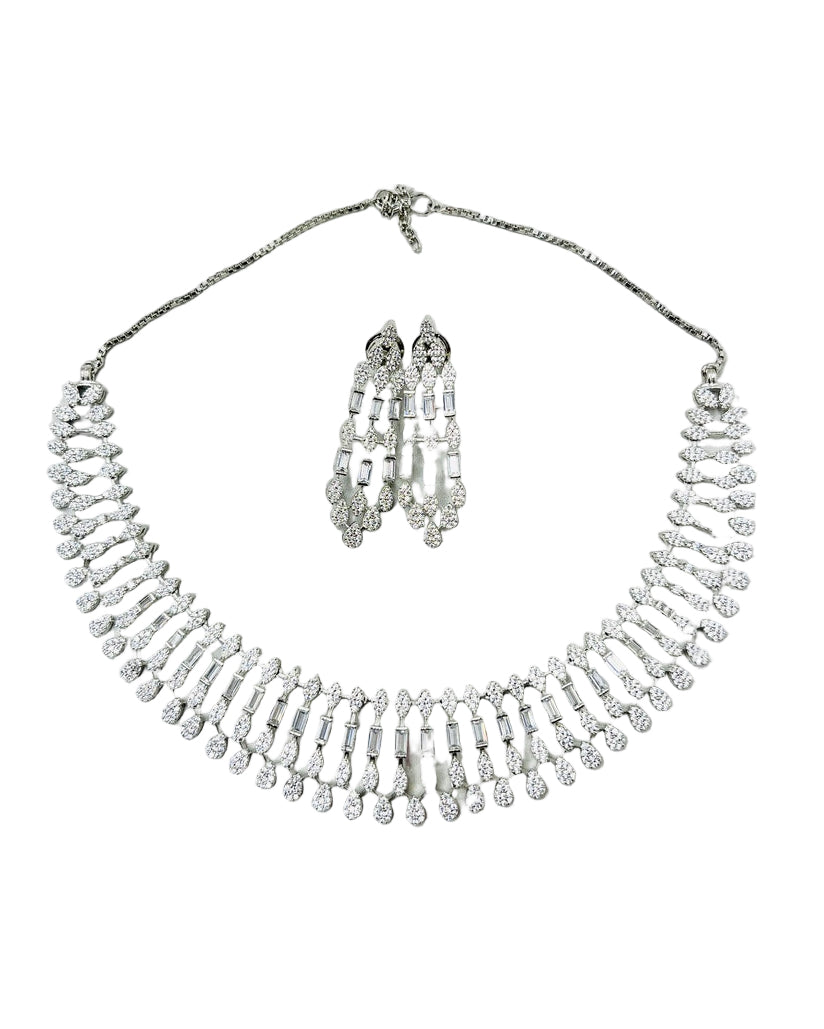 Silver American Diamond Necklace and Earring Set