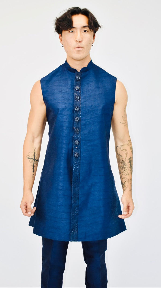 Blue Silk Blend Sherwani Set