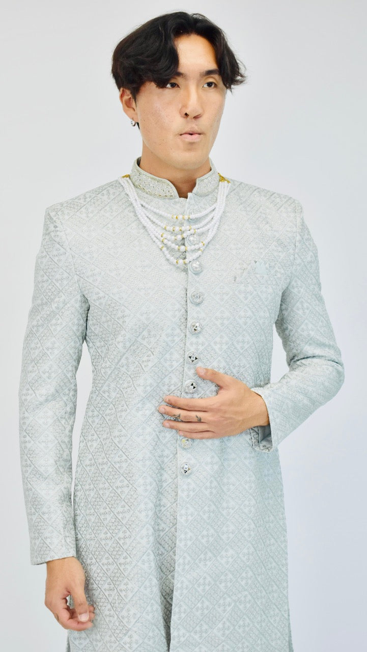 Light Grey Sherwani Set with Pearls