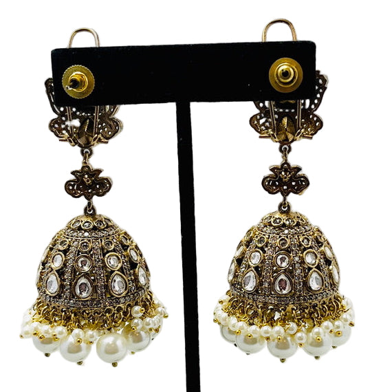 Jhumki Style Pearl and Kundan Earrings