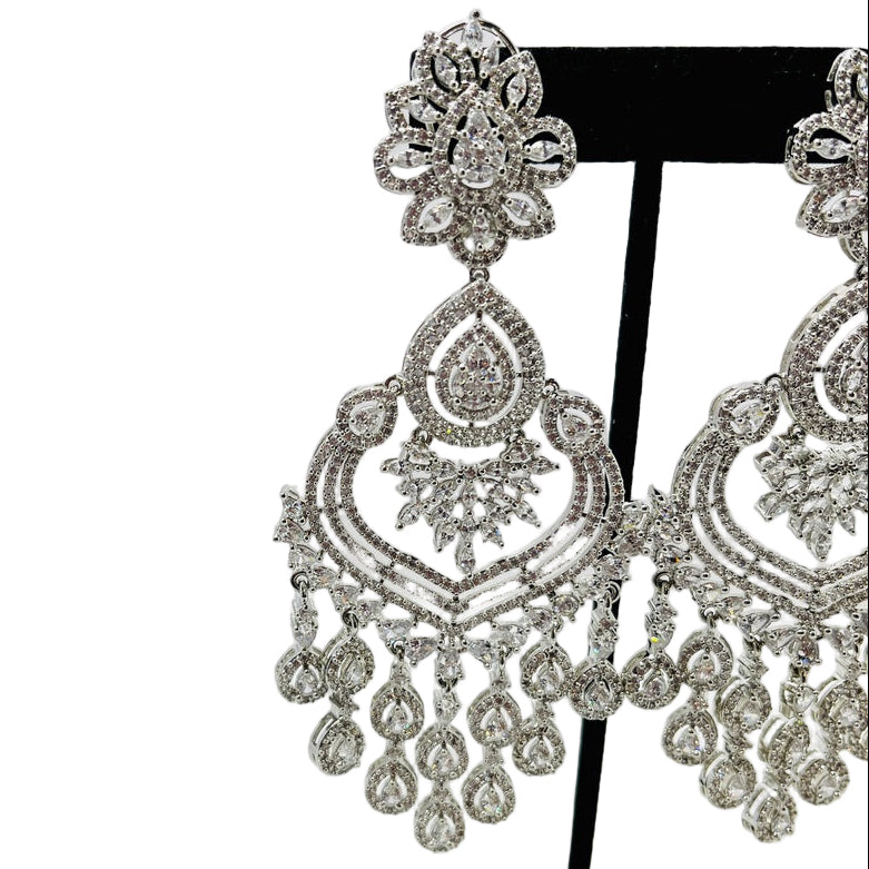 Fancy Rhinestone and Kundan Silver Finish Earrings