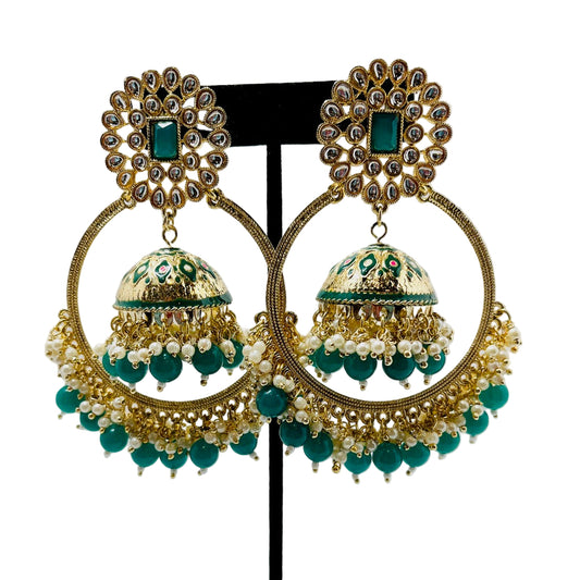 Fancy Green & Gold Jhumka Earrings