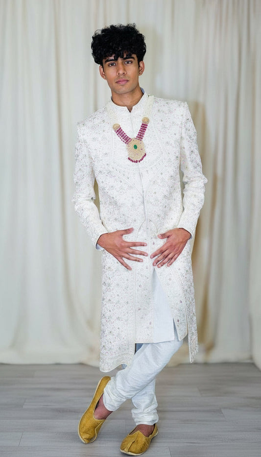 White Embroidered Sherwani Set