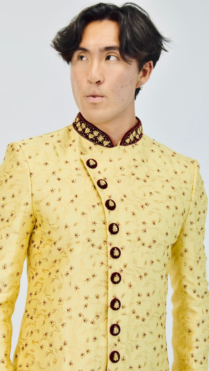 Gold & Maroon Beaded Sherwani Set