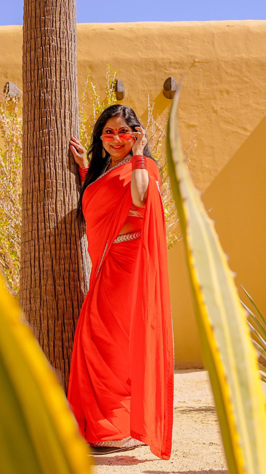 Red Crepe Readymade Saree