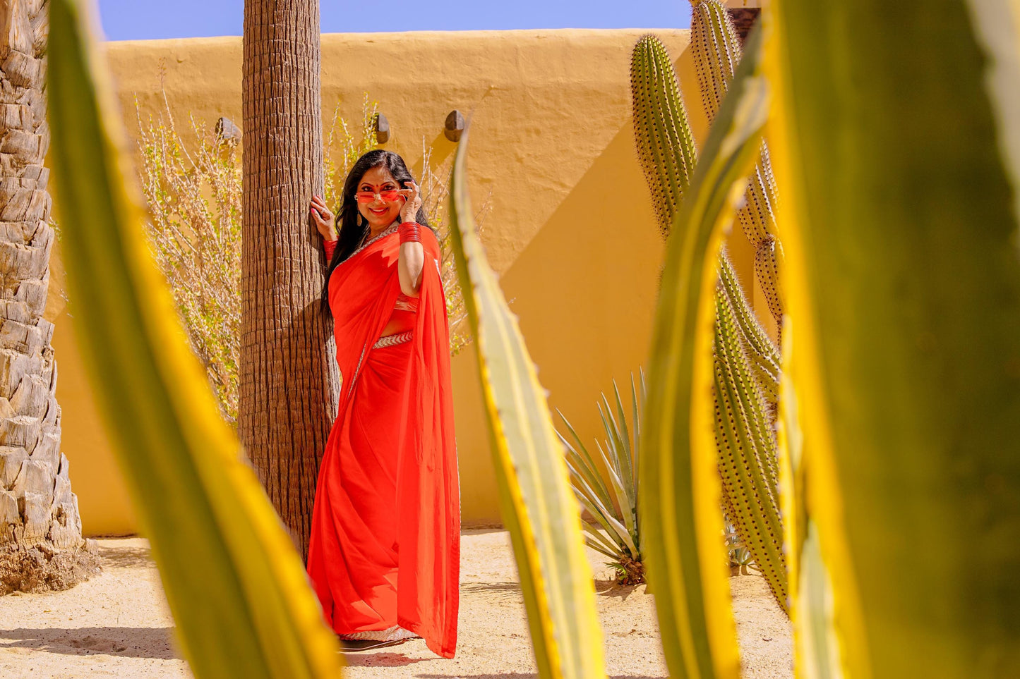 Red Crepe Readymade Saree
