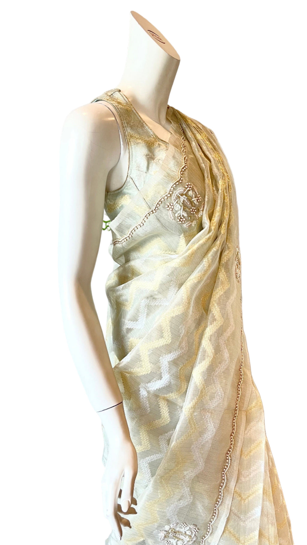 Grey and Gold Color Tissue Silk Saree