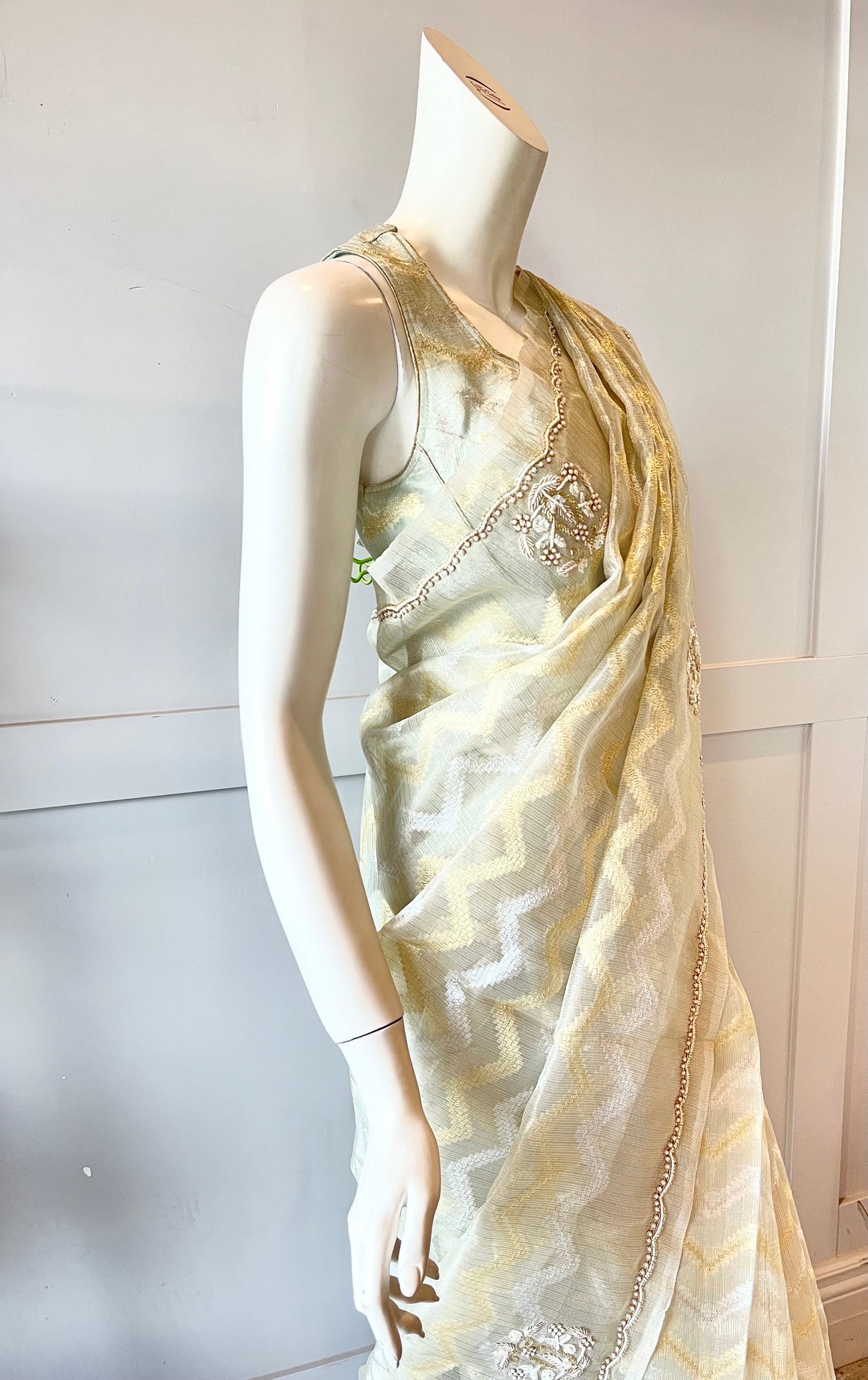 Grey and Gold Color Tissue Silk Saree