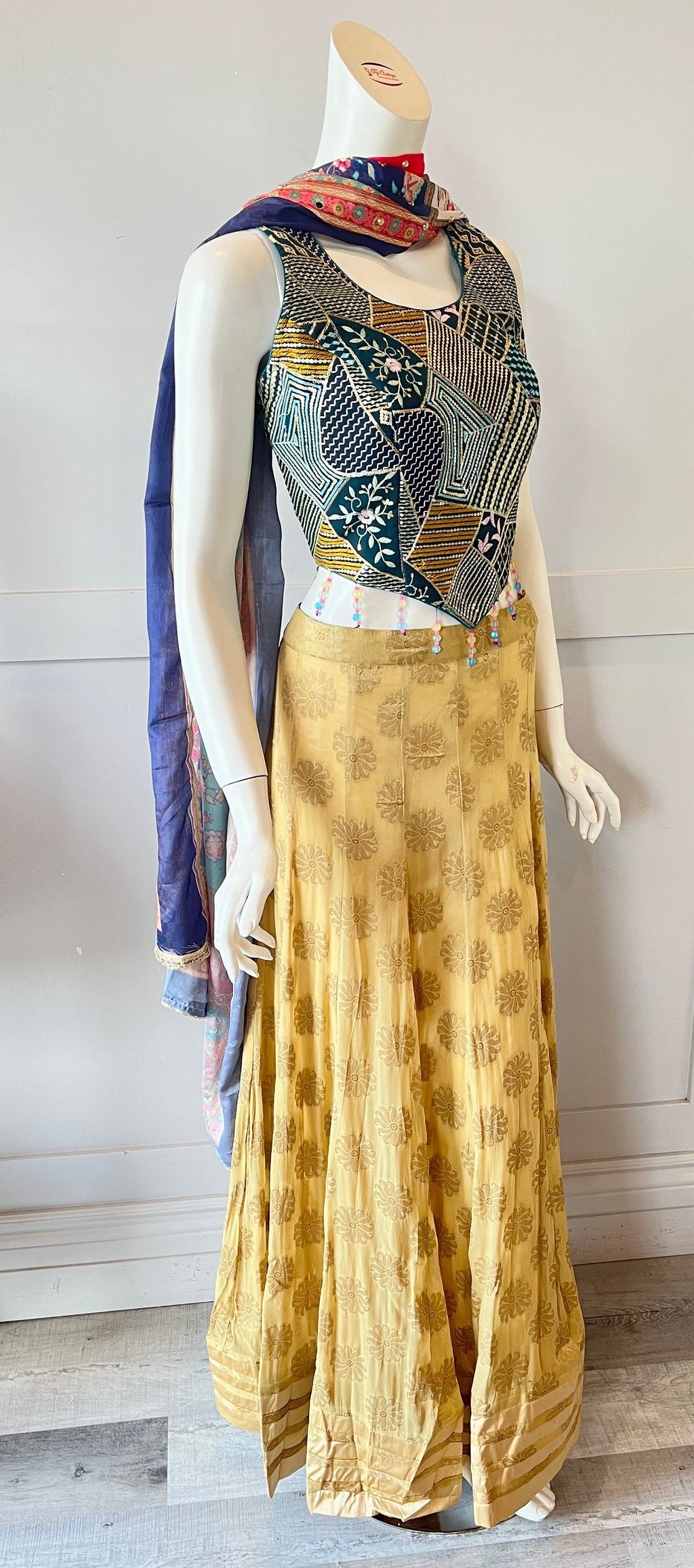 Gold & Blue Embroidered Sleevless Lehnga