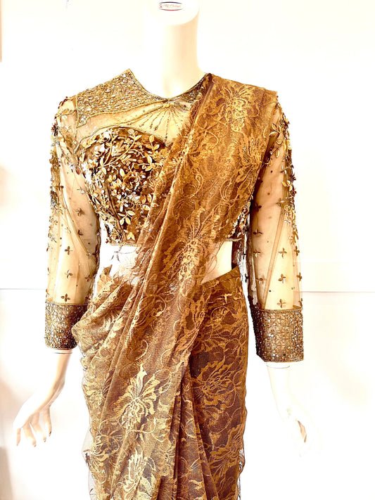 Brown color  Net ready-made saree