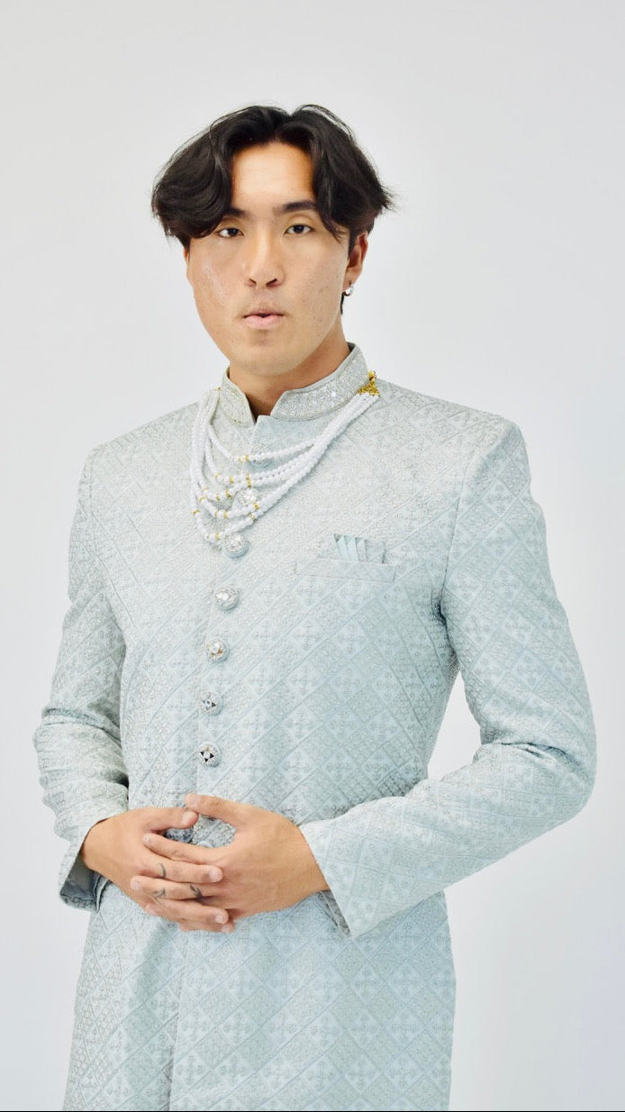 Light Grey Sherwani Set with Pearls