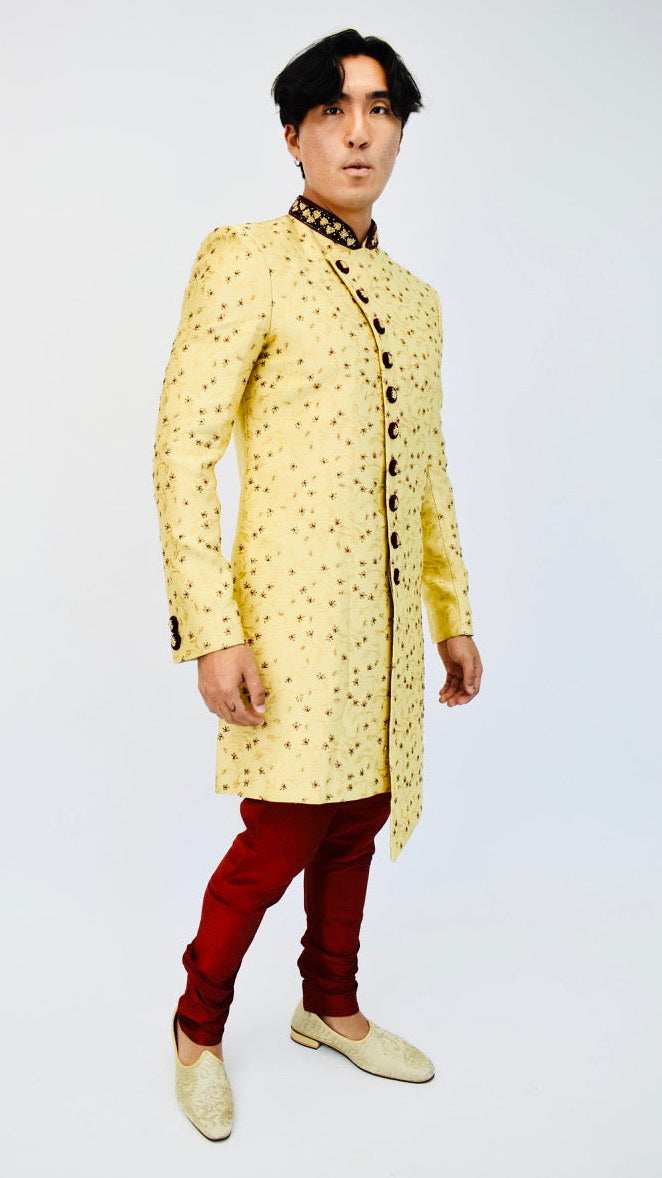 Gold & Maroon Beaded Sherwani Set