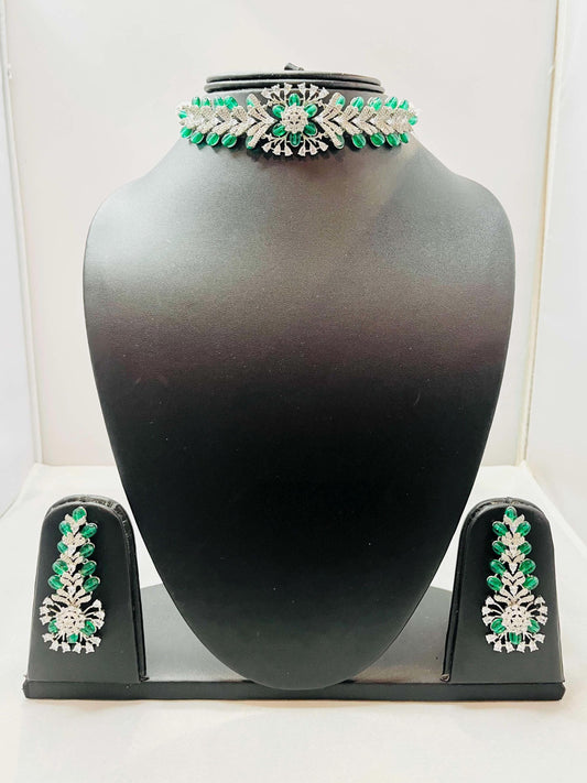 American Diamond Green Color Kundan Set