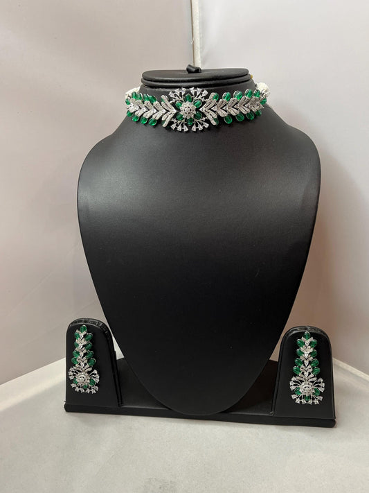 American Diamond Green Color Kundan Set