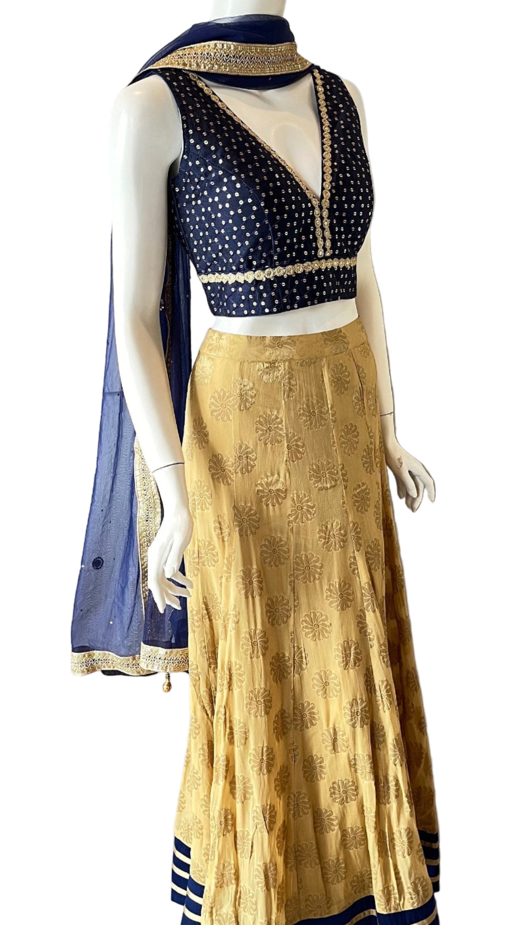 Gold & Blue Lehnga with Kundans Border