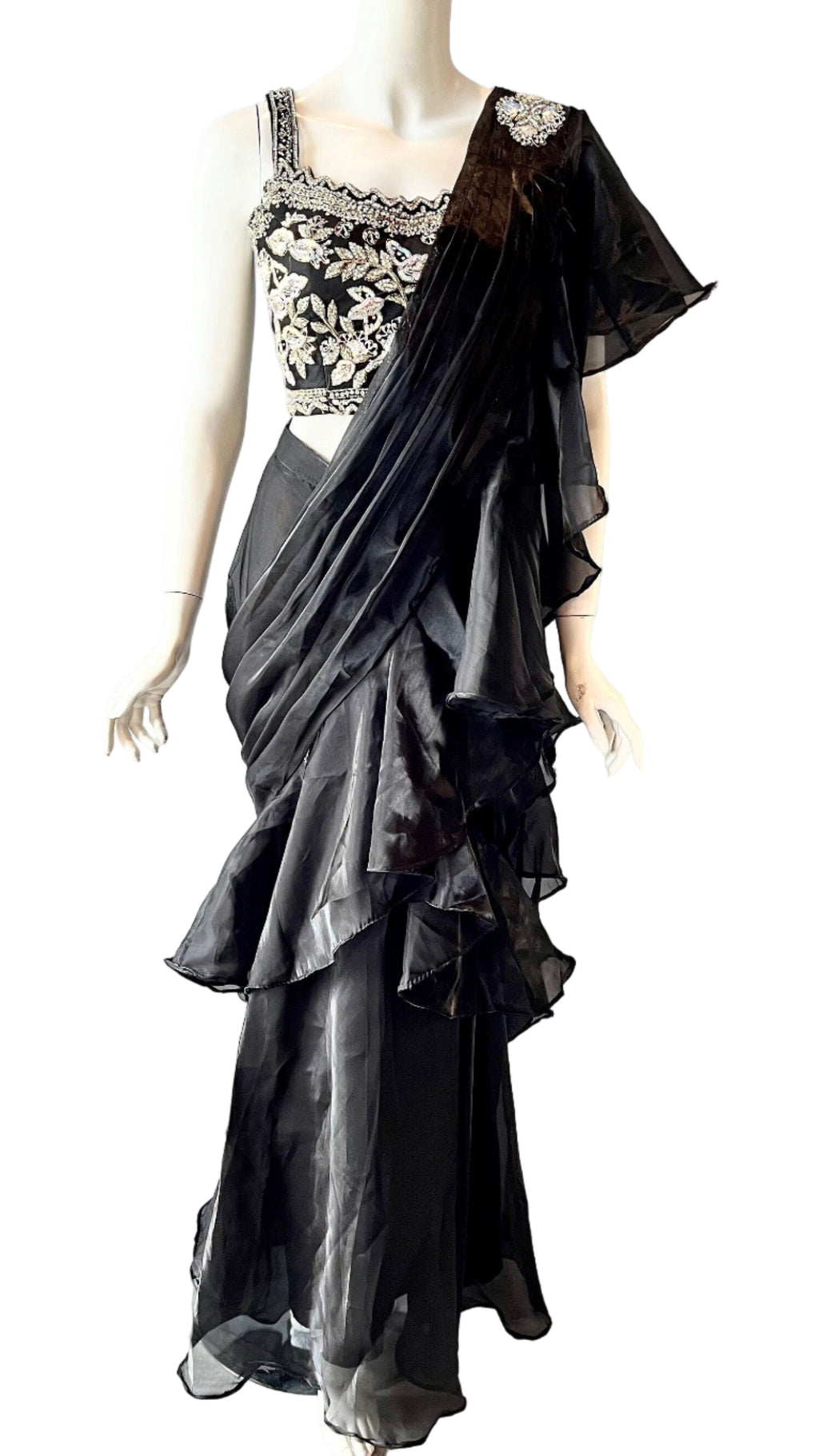 Black ruffle ready made saree