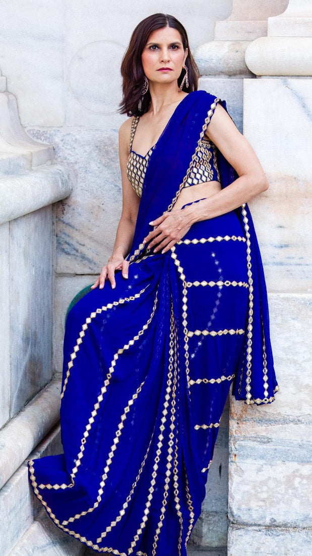 Blue & Gold Mirror Ready-made Saree