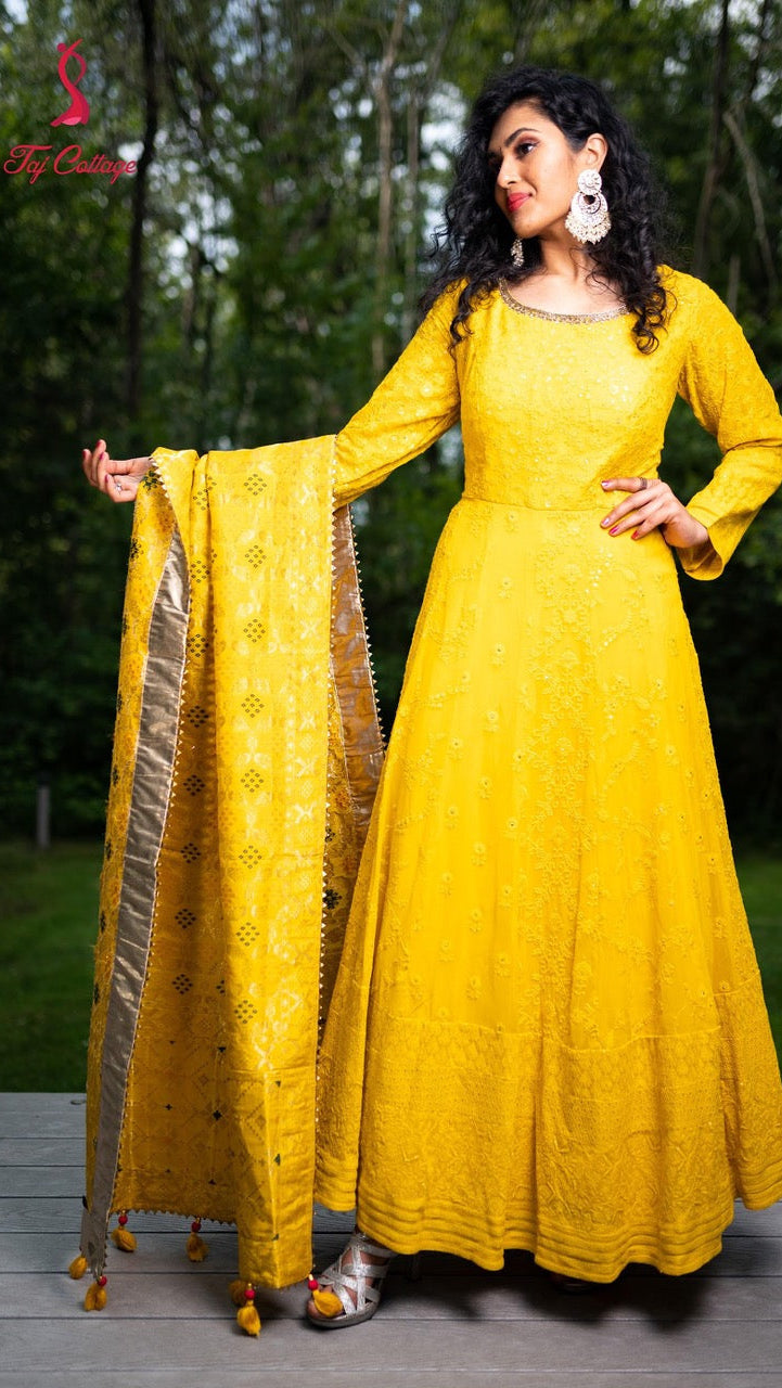 Yellow Gown with Banarasi Dupatta