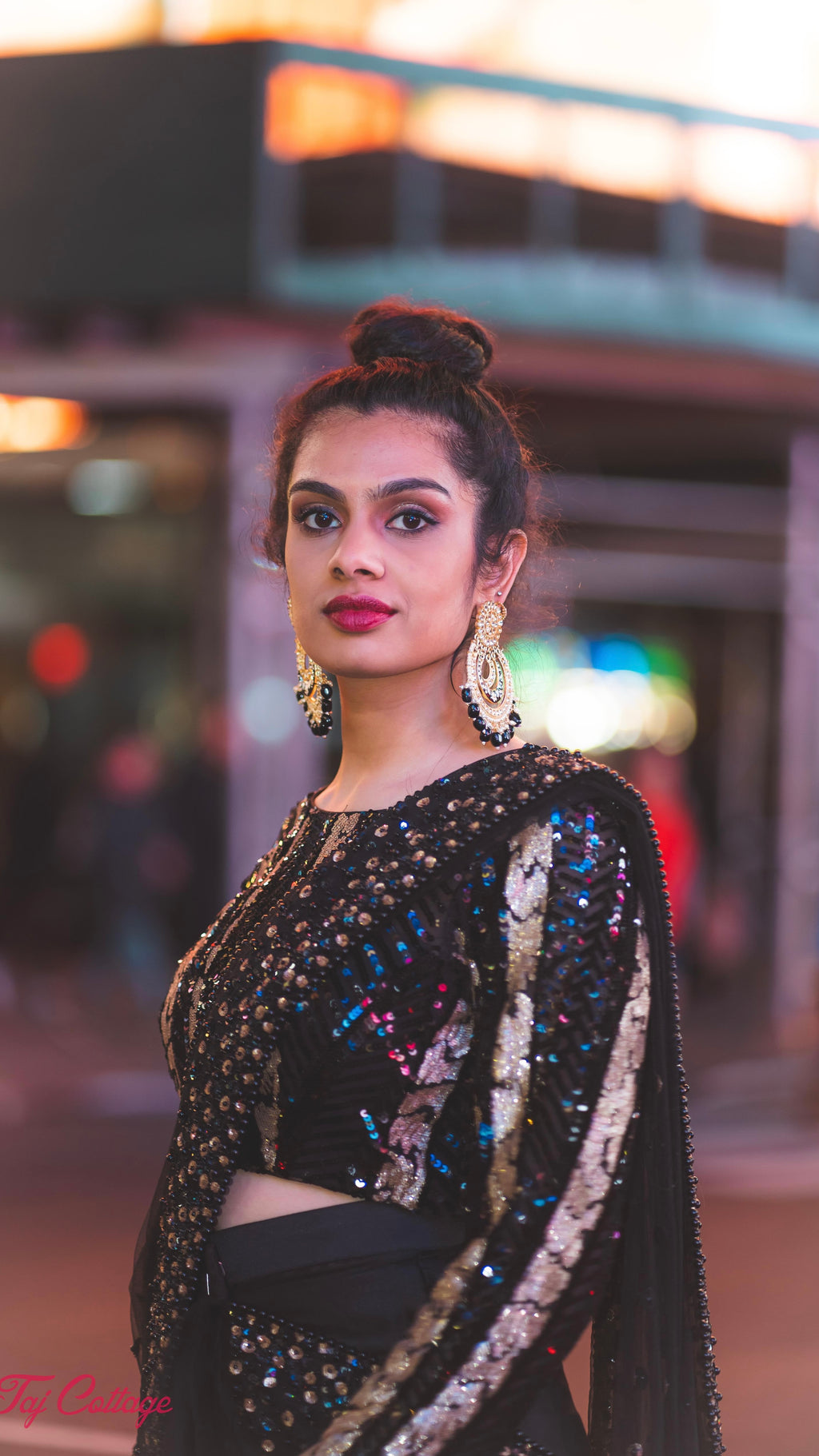 Black & Gold Sequins Readymade Saree