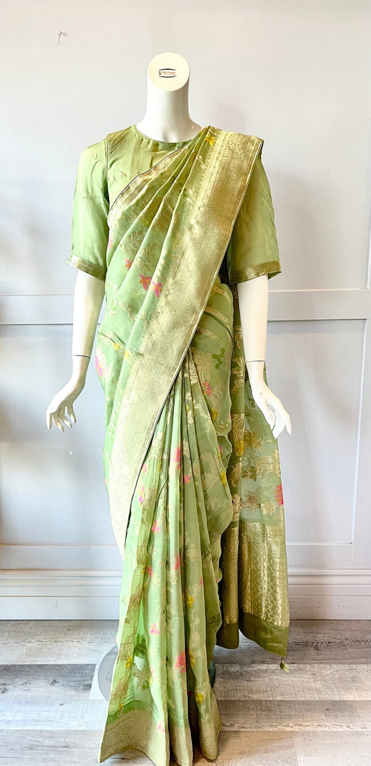 Light Green Silk Blend Golden Zari woven Banarasi saree