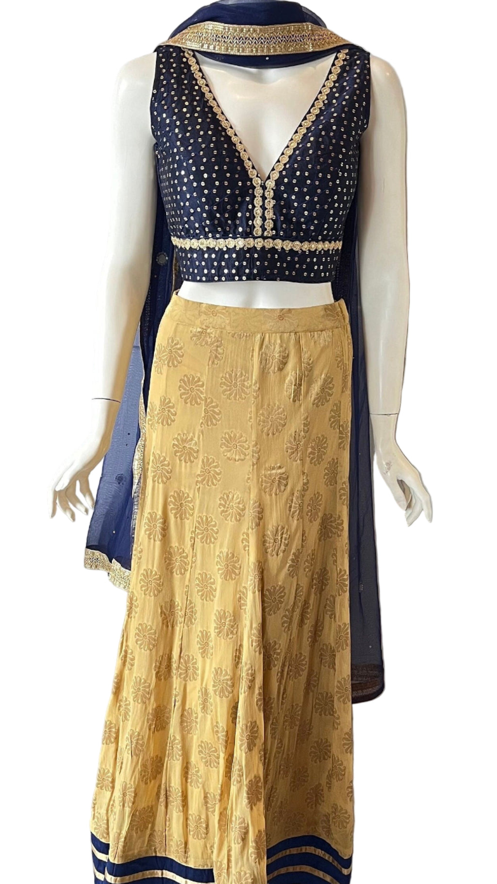 Gold & Blue Lehnga with Kundans Border