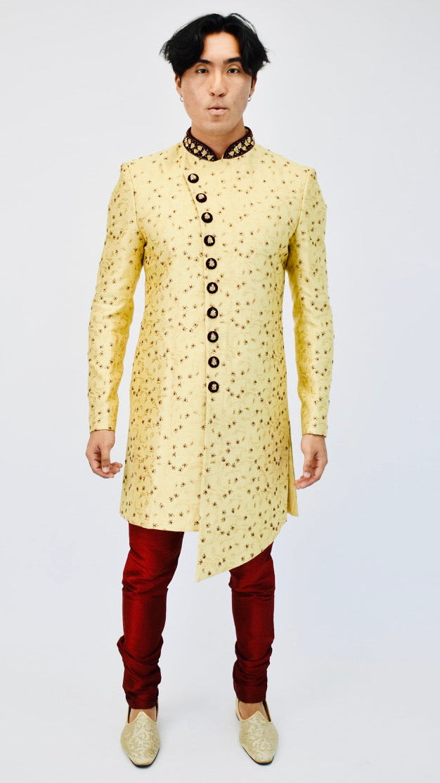 Gold & Maroon Beaded Sherwani Set