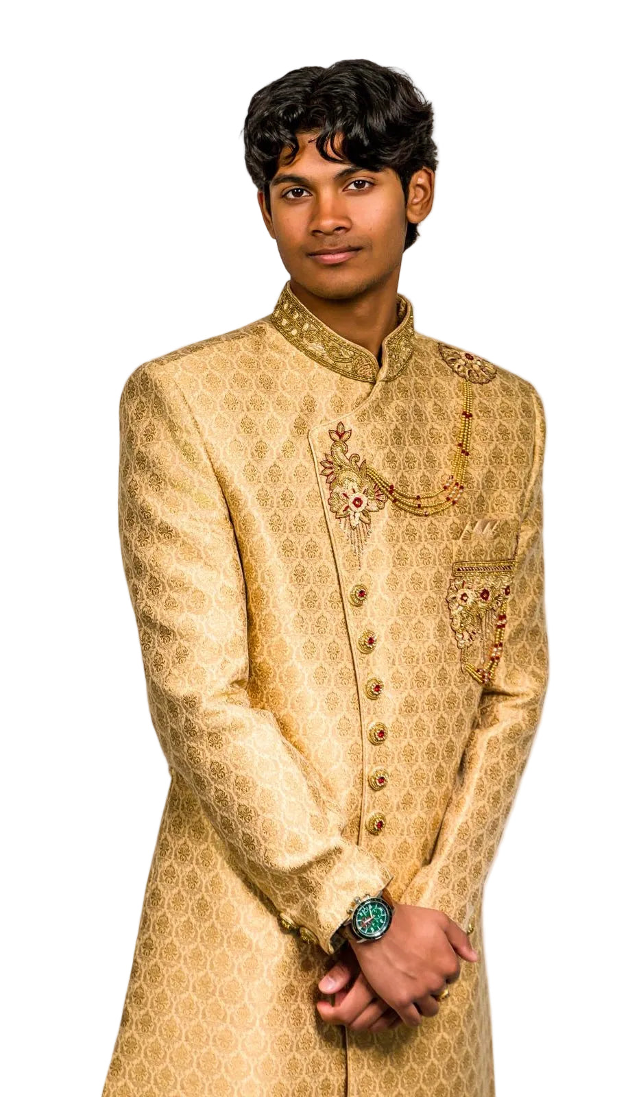 Gold &amp; Maroon Color Sherwani Set