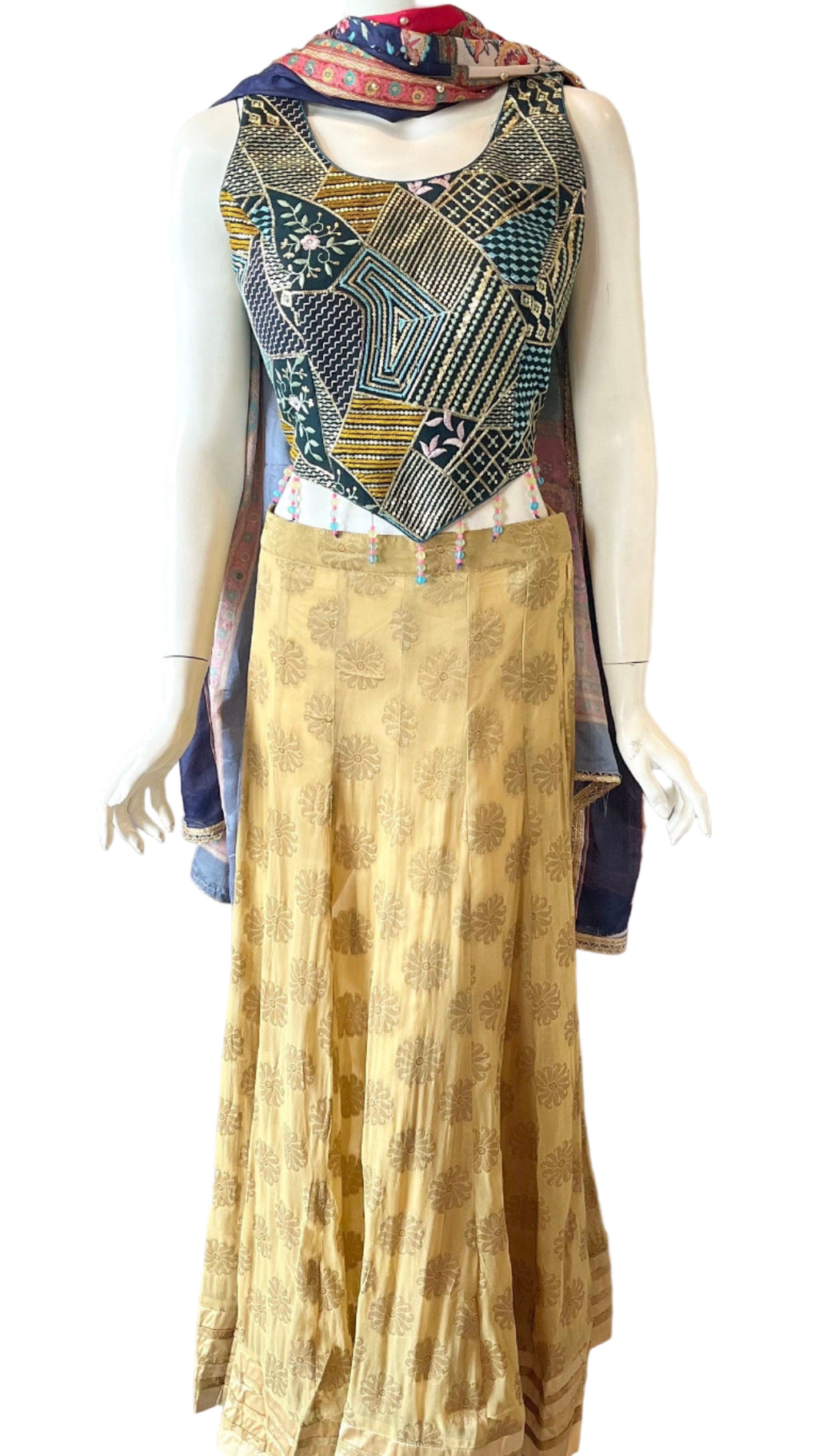 Gold & Blue Embroidered Sleevless Lehnga